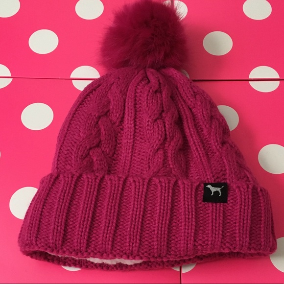 PINK VS Cable Knit Sherpa Lined Beanie